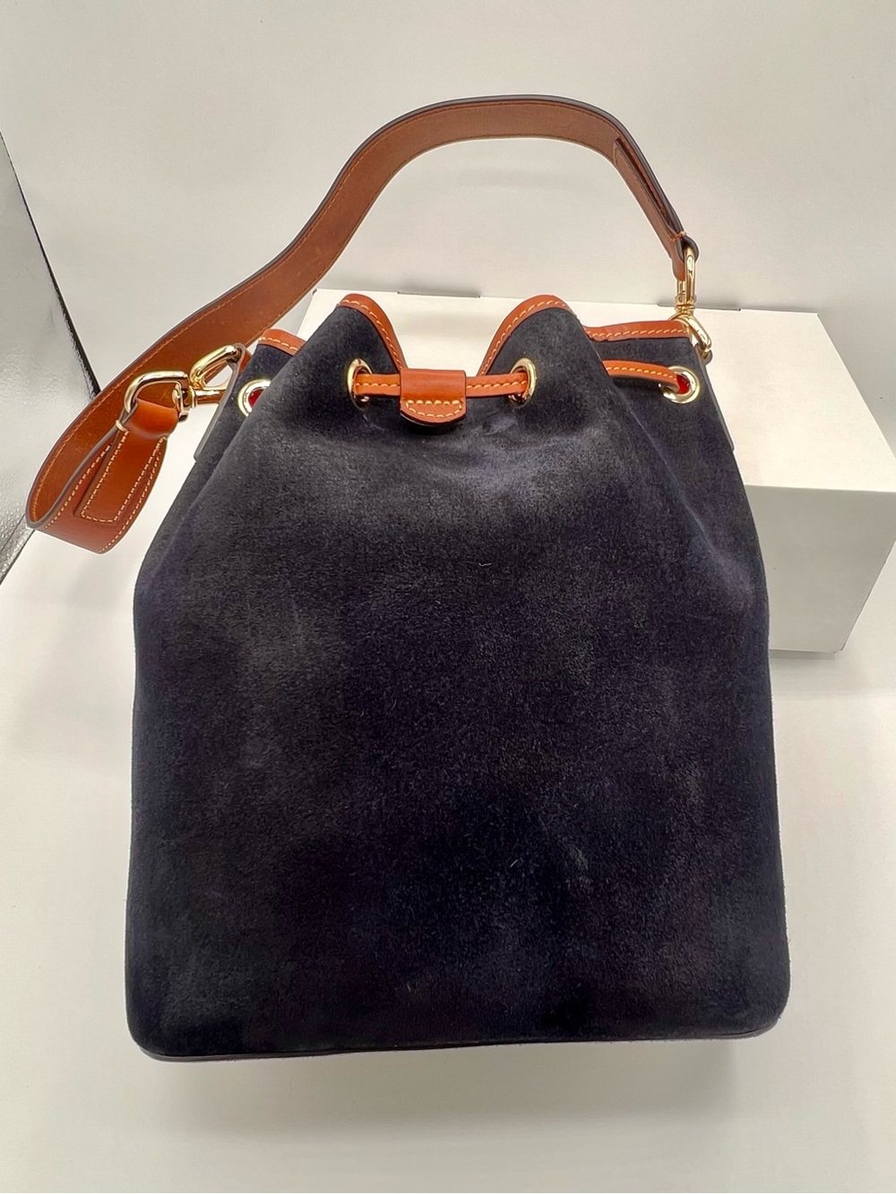 Dooney & Bourke Suede Drawstring purse bucket bag navy blue - Picture 3 of 15